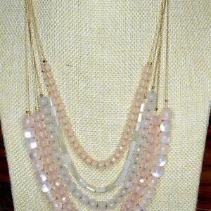 Gorgeous 5 Strand Rose Quartz Beaded Gold Tone Necklace